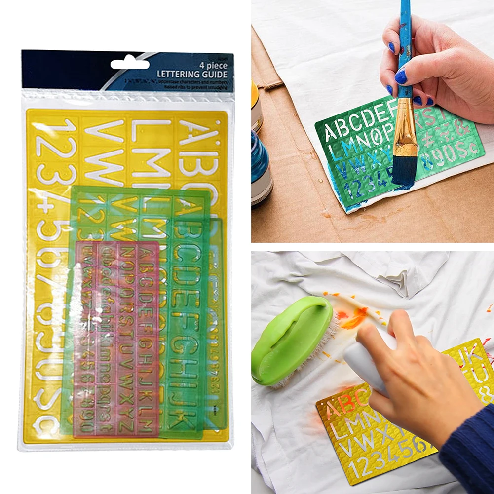 4pcs For Kids Painting Drawing Template Plastic Ruler Learning Home School Assorted Colors Translucent Alphabet Letter Stencil