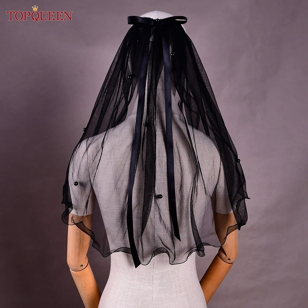 TOPQUEEN Stylish And Sweet Black Pearl Veil Bow Short Bridal Wedding Accessory Simple Black Soft Tulle With Comb V223