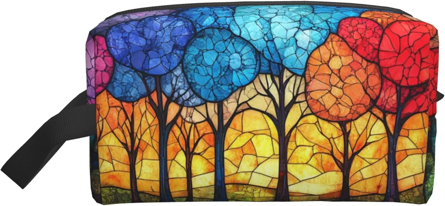 Glass Colorful Art Trees Travel Toiletry Bag for Women Men Waterproof Cosmetic Toiletries for Girls Kids Makeup Pouch Wash Bags
