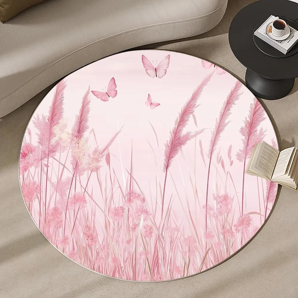 

Red Floral Butterfly Circle Area Rug, 6 ft, Machine Washable with Non-Slip Rubber Backing