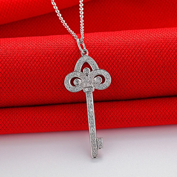 Solid 14K White Gold AU585 Platinum PT950 18k Necklace Iris Key Long T Sweater Chain