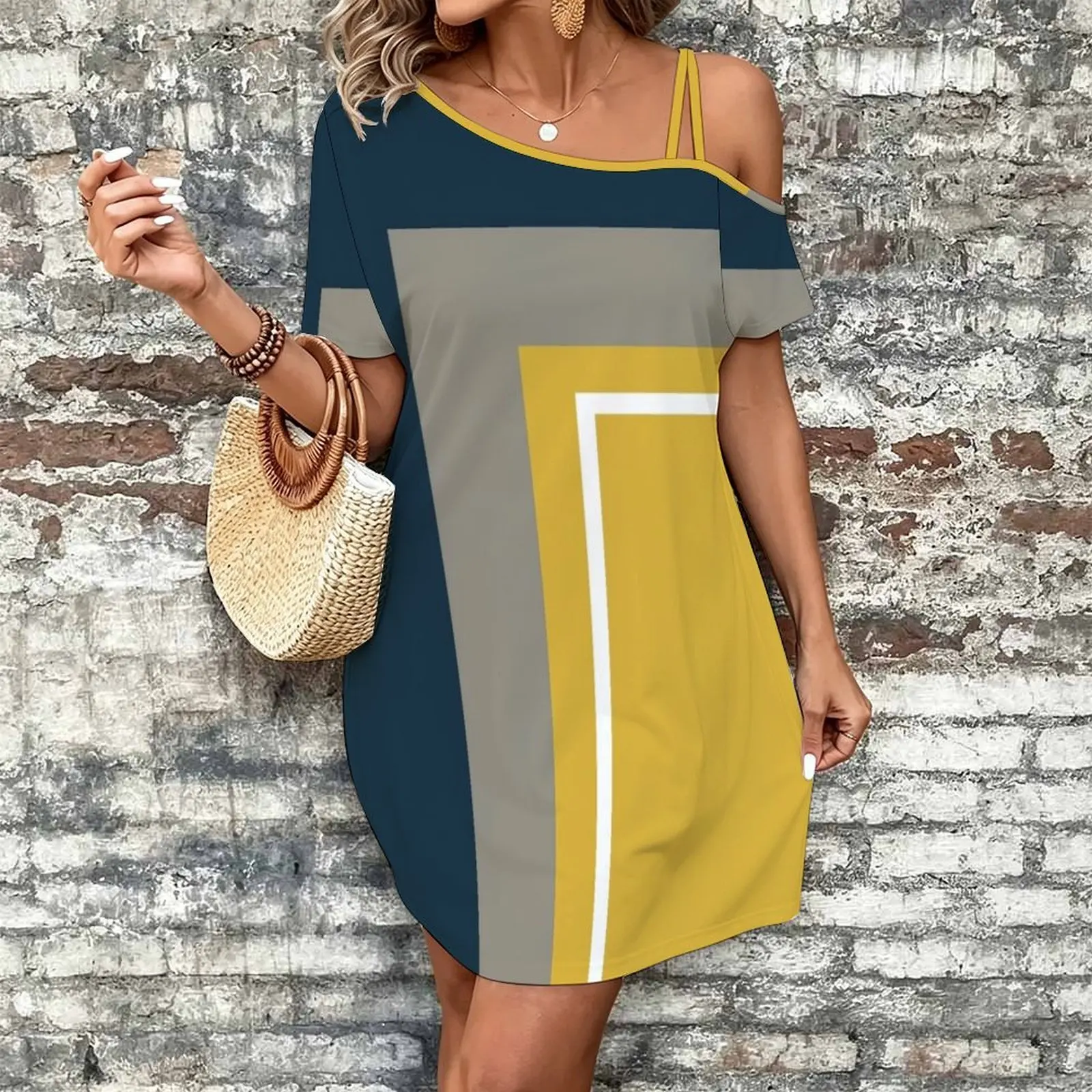 Half Frame Minimalist Geometric Pattern 3 in Mustard Yellow, Navy Blue Women's Slanted Shoulder Single Strap Short-Sleeved Dress