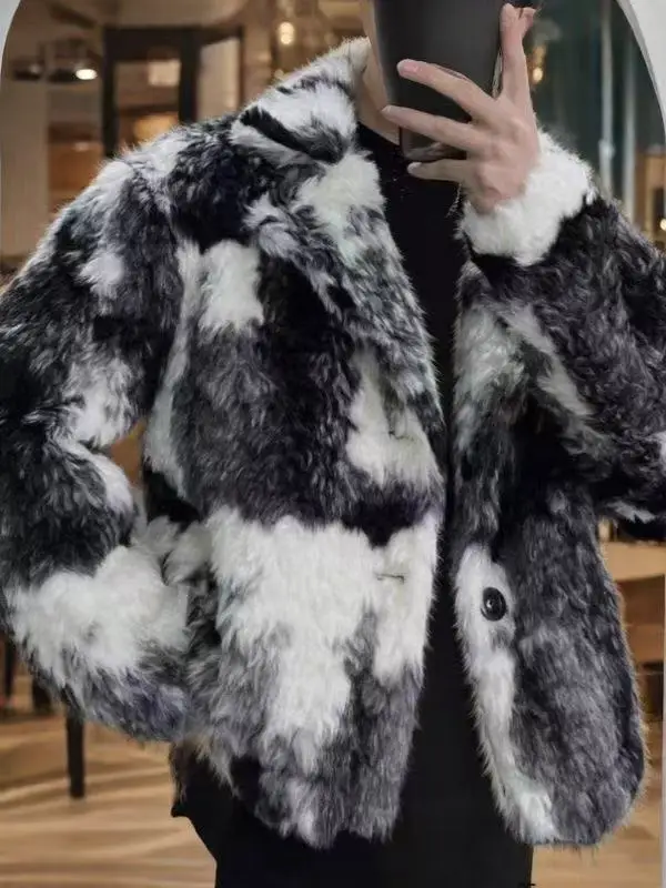 2025 New Winter Thicken Tops Men's Artificial Fox Plush Fur Light Luxury Street Fashion Coat Male Suit collar Fur Overcoat