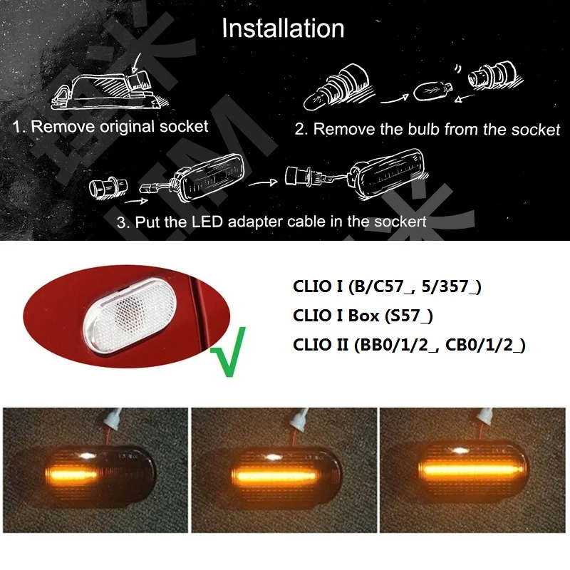 for Renault Clio LUTECIA I MK1 B/C57 5/357 II MK2 BB0/1/2 CB0/1/2 1996 1997 1998 1999 Dynamic LED Indicator Side Marker Signal