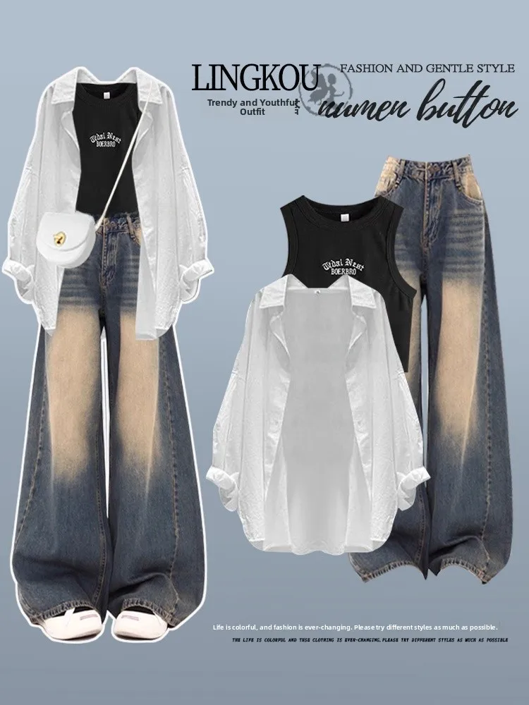 

Chic plus Size Spring Korean Style Women's Casual Shirt Print Vest High Waist Slimming Jeans Three Piece Set Fashionable Ense...