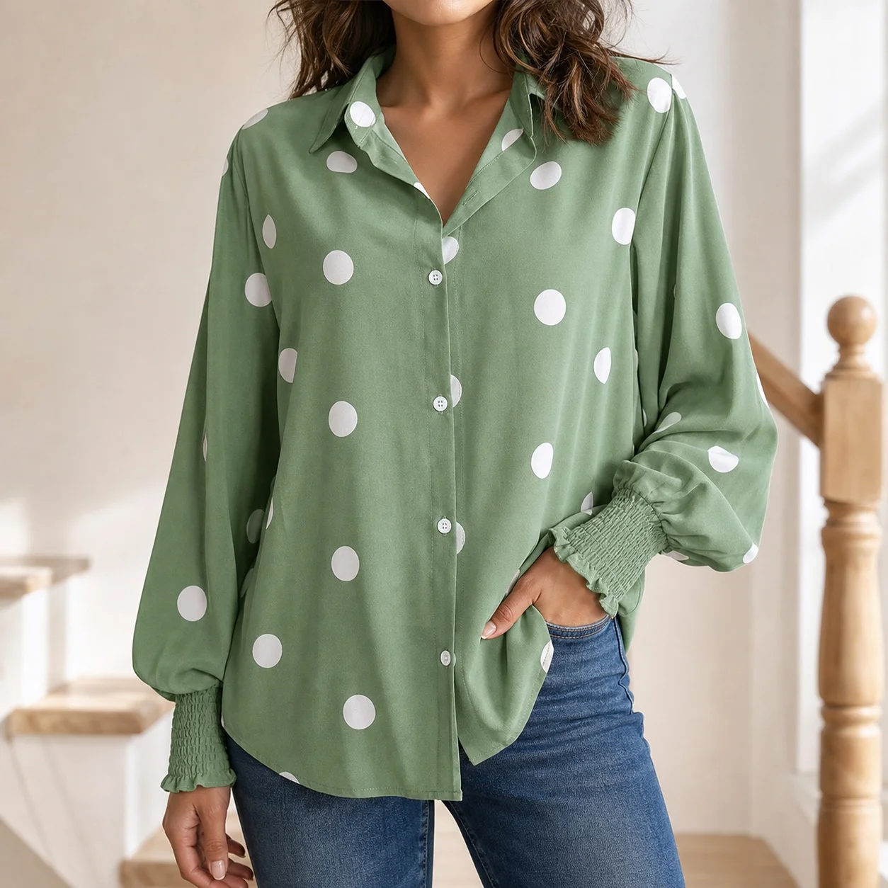 Women's Straight Fit City Style Turn Down Collar Puff Blouse with Polka Dot Open Front Regular Length Single Breasted Tops