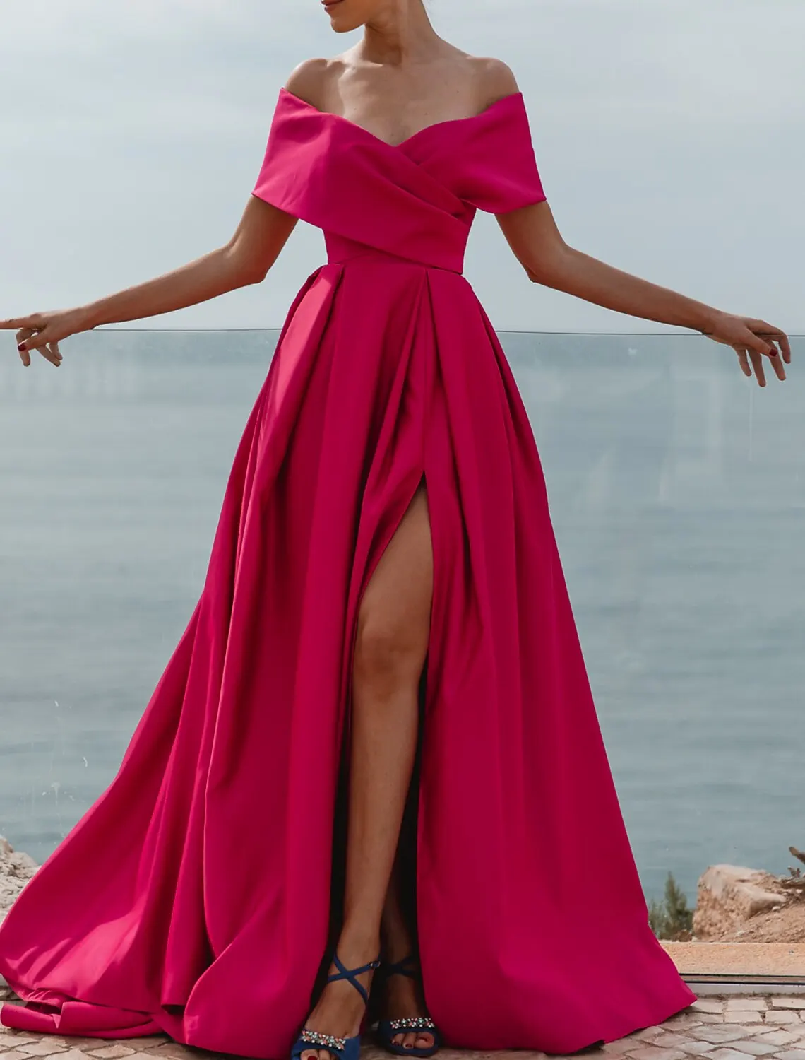 Fuchsia Satin Off the Shoulder A-line Formal Evening Dress Backless Button Elegant High Slit Prom Dresses Wedding Party Gowns