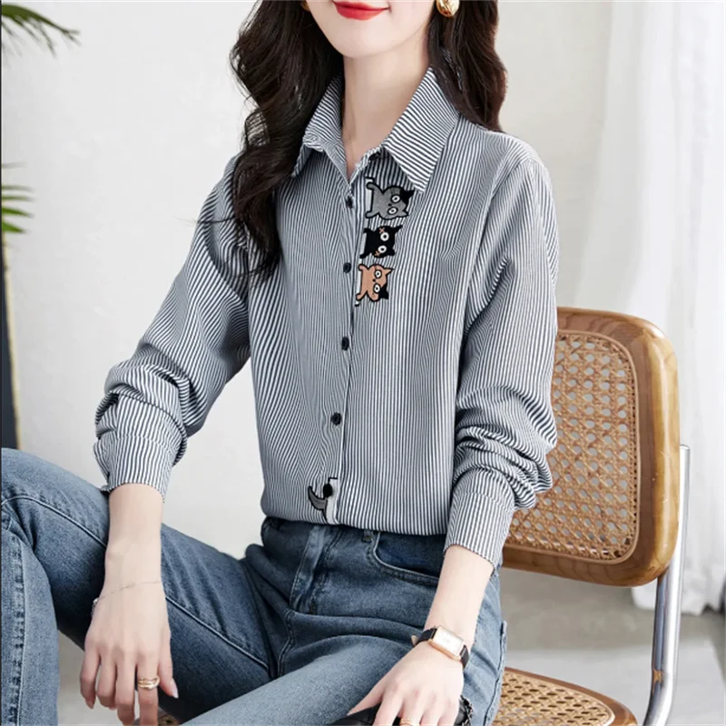 Embroidered Shirt For Women Striped Blouse Cat Pattern Top OL Elegant Shirt Lapel Long Autumn Button Up Cotton Female Blous