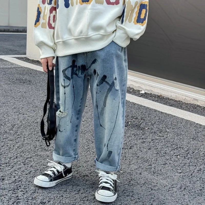 

Детские джинсы, хлопковые прямые брюки для мальчиков, весенне-летние подростковые брюки, джинсы для мальчиков, детские джинсовые рваные джинсы