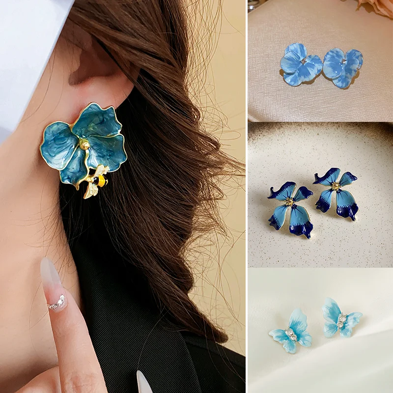 Metal Butterfly Rhinestone Dripping Oil Earrings For Women Personalized Flower Shaped Stud Earrings Party Jewelry Accessories