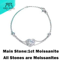 AnuJewel 1ct Moissanite Heart Bracelet On Hand 925 Sterling Silver Lab Created Diamond 17.5cm Adjustable Bracelets For Woman