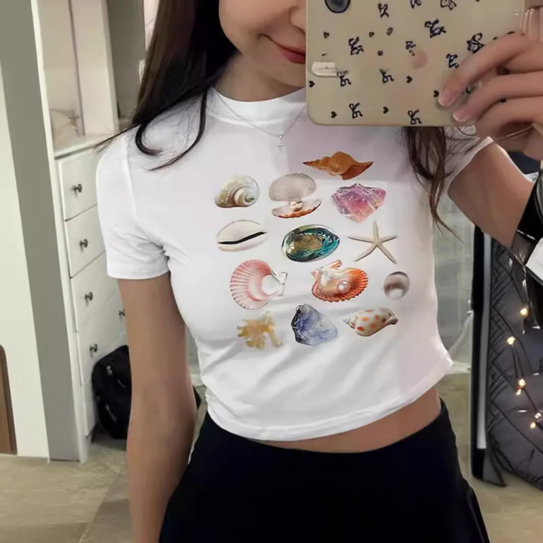 

Женская облегающая футболка с фруктовыми ракушками и коротким рукавом, повседневная винтажная уличная одежда в стиле Харадзюку, эстетический укороченный топ для весенней моды