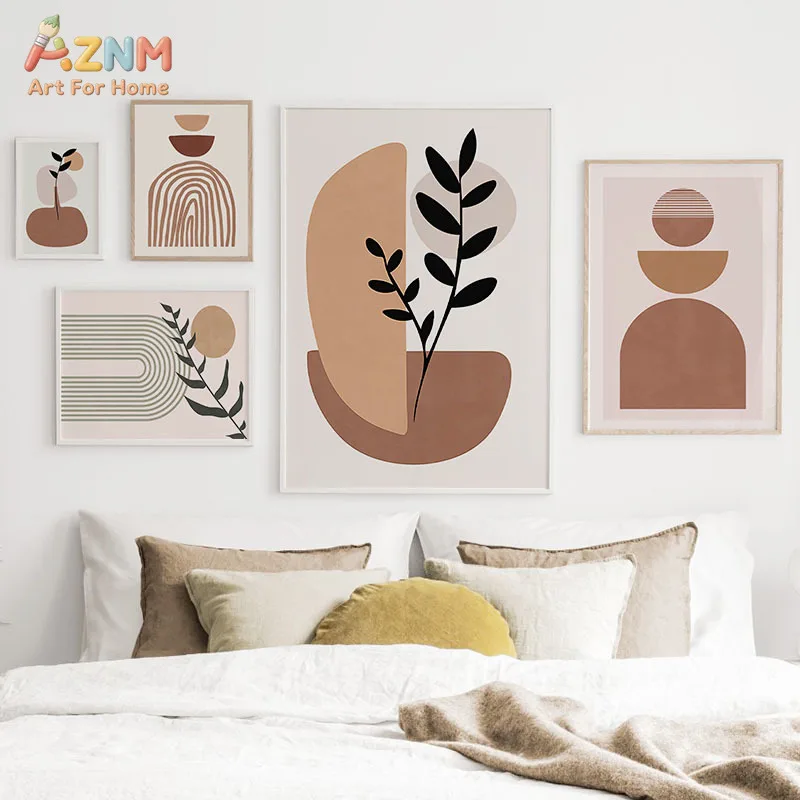 AZNM Neutral Boho Abstract Canvas Print Geometric Curve Black Leaf Shape Earth Tone Minimalist Bedroom Unframed Wall Poster Deco