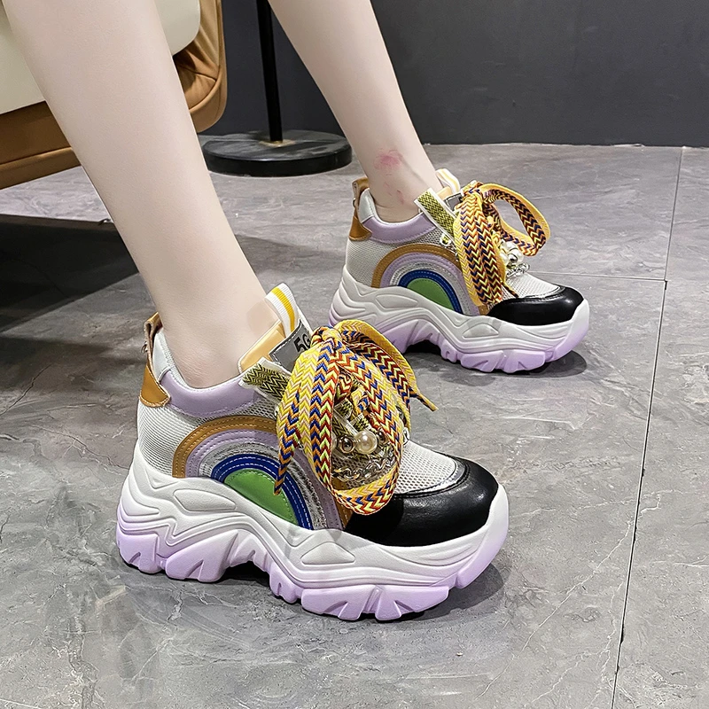 Kobiety Chunky Sneakers wysoka podeszwa oddychające buty z siatką 2022 damskie kliny obuwie dla kobiety skórzane sportowe buty dla taty 8CM