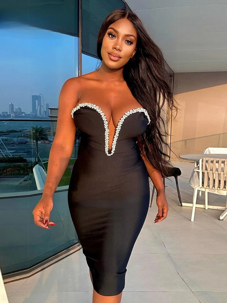 

2024 New Summer Women's Sexy Diamond Strapless Deep V-neck Tight Fit Midi Bandage Dress Elegant Celebrity Style Party Outfit