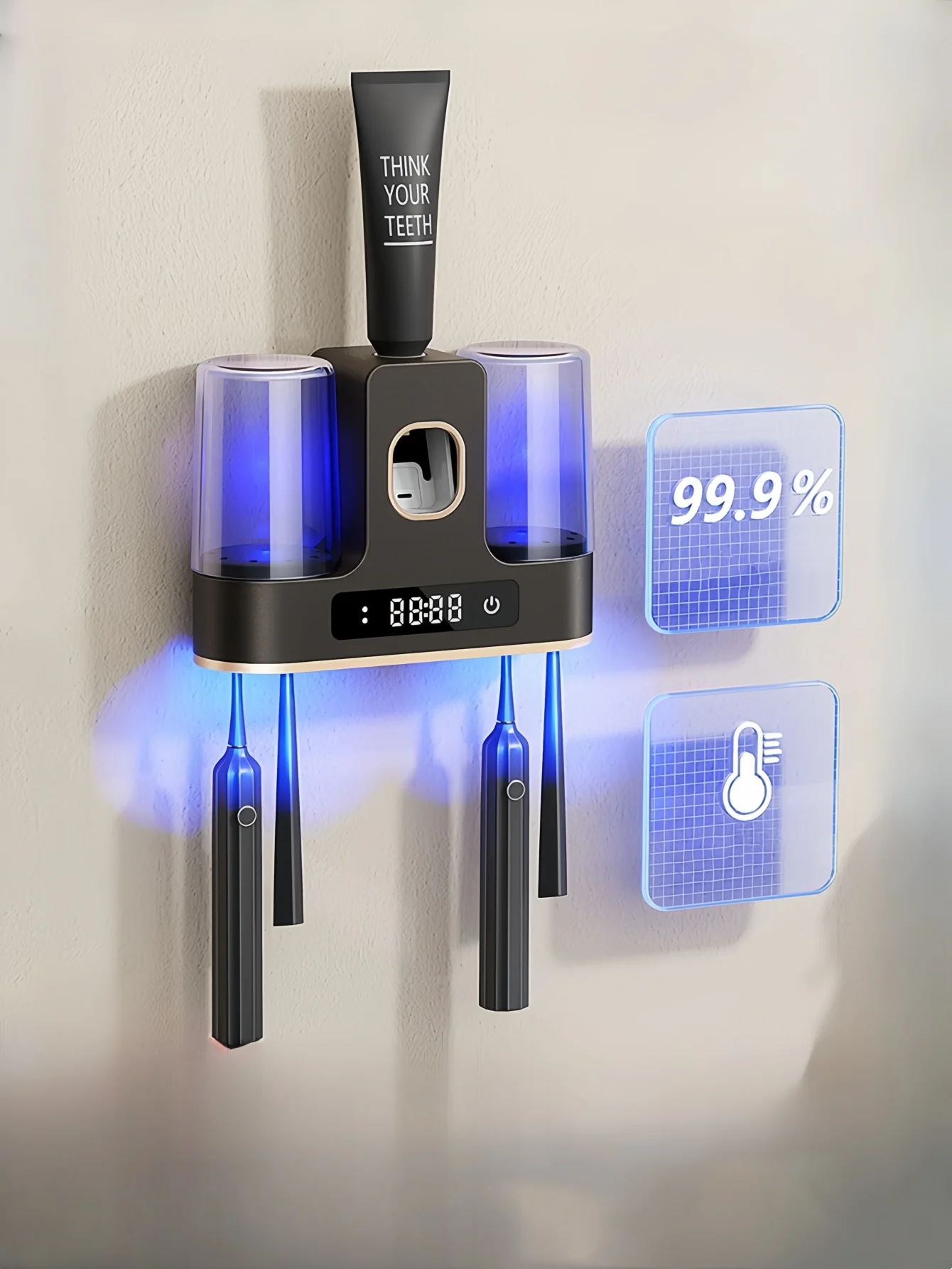 자외선 칫솔 살균기, 살균 건조 치약 압착기, 구강 세척 컵, LED 고화질 디스플레이, 펀치 프리