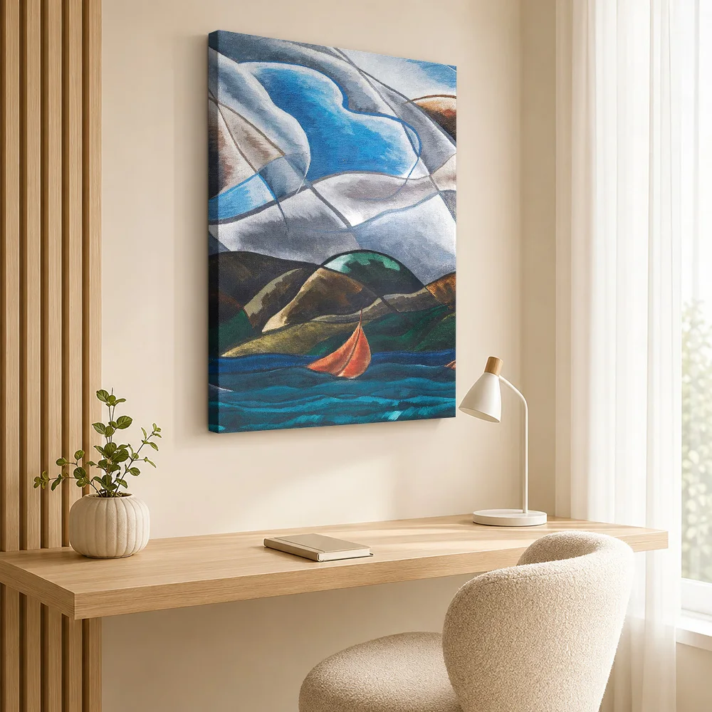 Sailboats On Angular Waves Framed Canvas Print Personalized Photo Abstract Wall Art For Creative Studio, Interior Stylist Gift