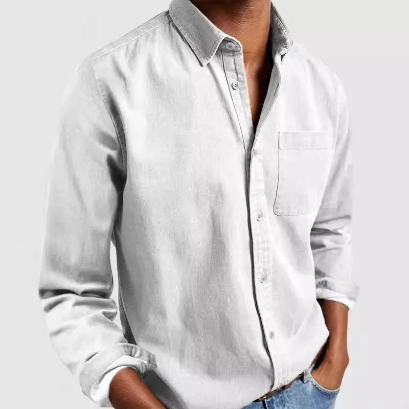 남성용 긴 소매 칼라 셔츠 폴리에스테르 섬유 포켓 디자인 유럽 스타일 단색 캐주얼웨어 젊은 남성과 여성용