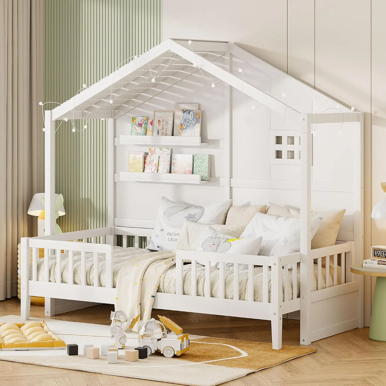 

Twin Size House Bed with Semi-Enclosed Fence & Shelves, Wood House Bed Frame with Window & Sparkling Light Strip on The Roof