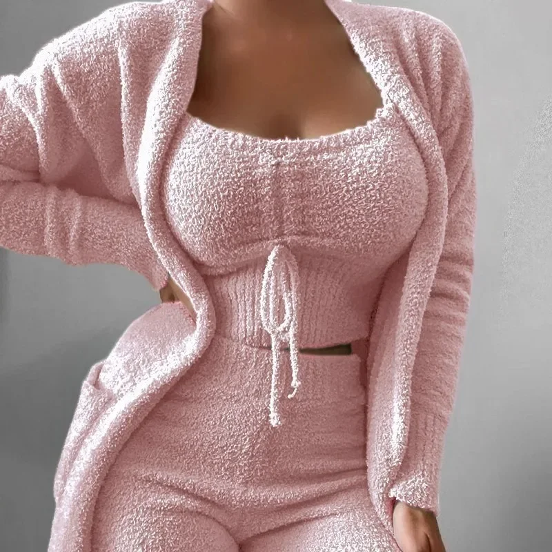 

3PCS/Set Women's Long Plush Pajamas Student Shorts Robe Home Wear Solid Colour Clothes Girls Sexy Nightwear Ladies Sleepwear