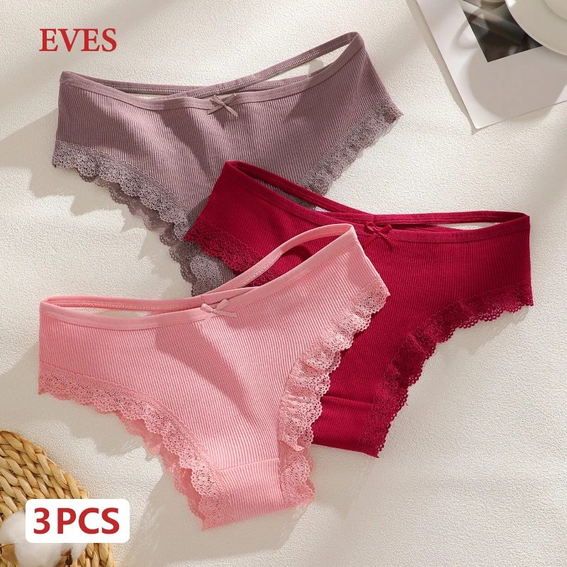 

FINETOO 4PCS Cotton Striped Briefs Women Sexy Lace Solid Color Panties Girls Double Straps Breathable Underpants Lingerie S-XXL