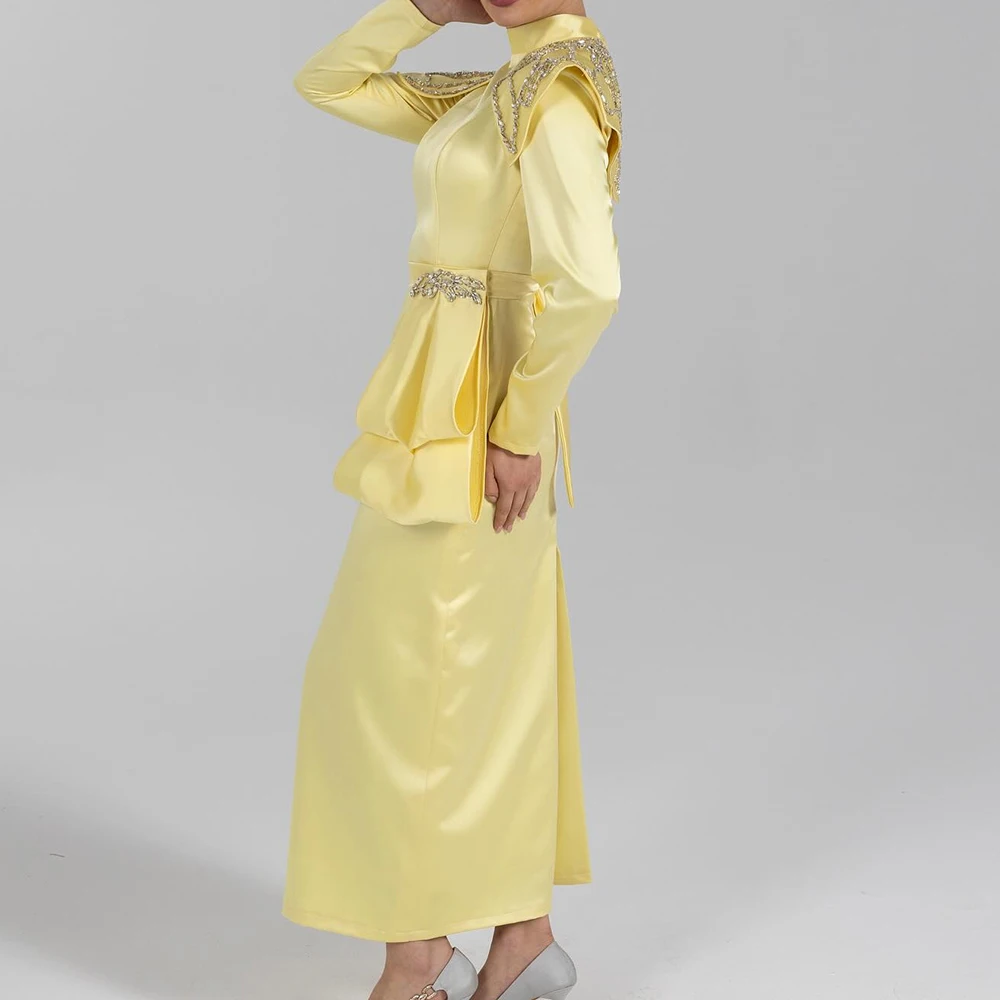 Customized Straight Evening Dresses Tea-length High-neck Full Sleeve Prom Gown Fashion Stole Sequined Simple Pleat Party Gown
