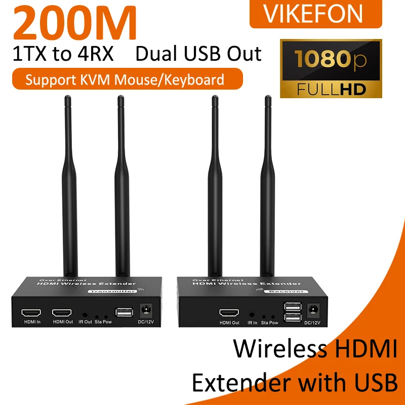 1080P 200M Wireless Video Transmitter Receiver HDMI Extender with IR USB KVM Dongle Adapter For Laptops PC TV Monitor Projector