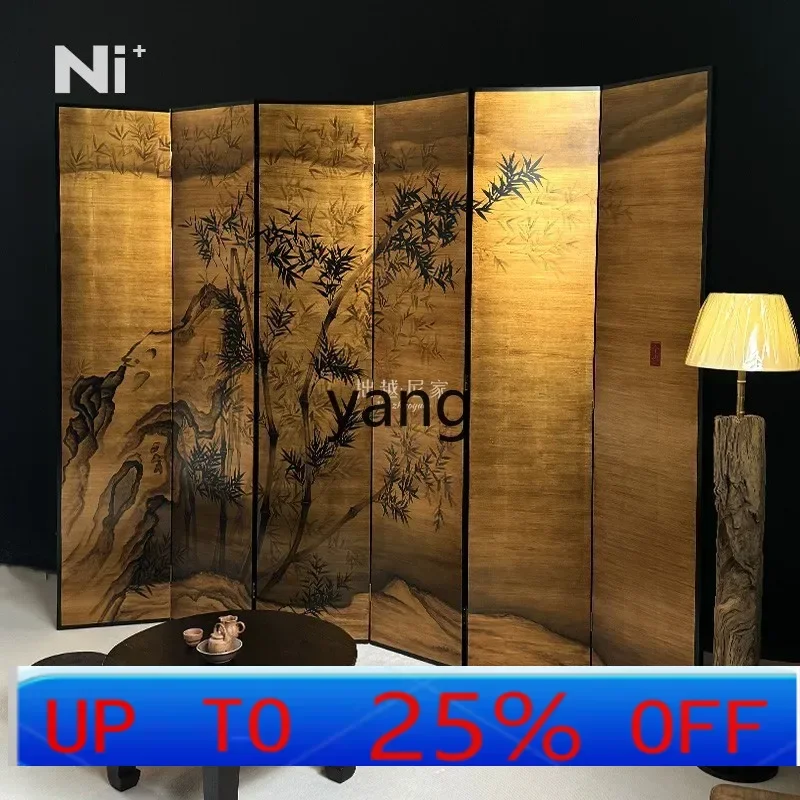 

LH gold foil screen carnation folding screen tea room hand painted lacquer painting folding screen
