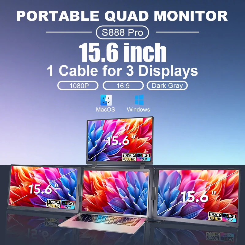 2026 New Gaming Laptop 15.6 Inch IPS 1920x1080 Type-C Plug and Play Portable  Tri-Screen