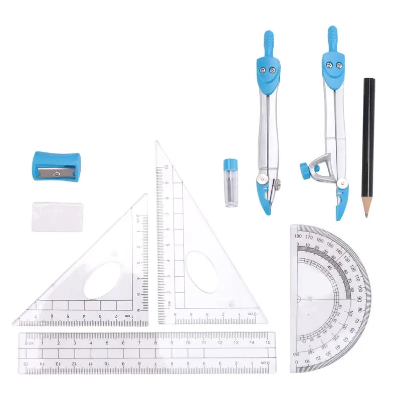 Superior Geometry Compass Set 10Pcs School Maths Protractor Set Rulers For Student Maths And Engineering In Carry Case