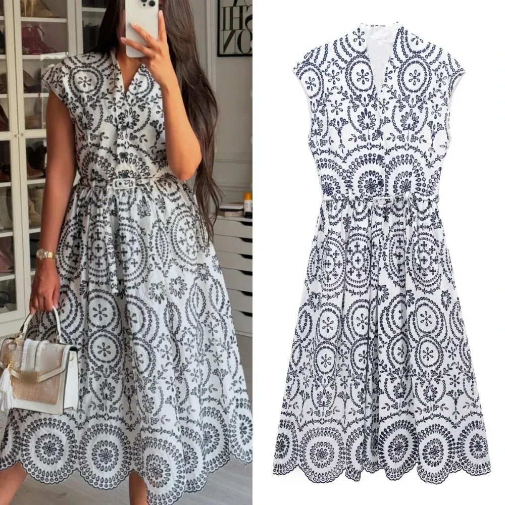 

ZBZA Women's Embroidered Belt Dress V-neck Sleeveless High Waist Single-breasted Lace-up Casual Long Dress Summer New Chic Dress