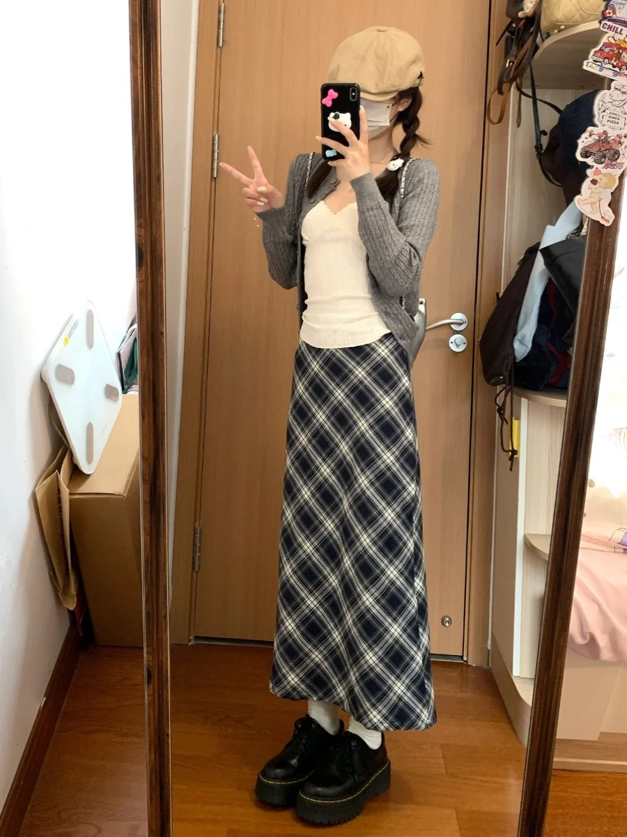 

High Waist Plaid Midi Skirt Women's plus Size Autumn College Sle Belly Cover Slimming Suit A-Line Skirt Winter Faion