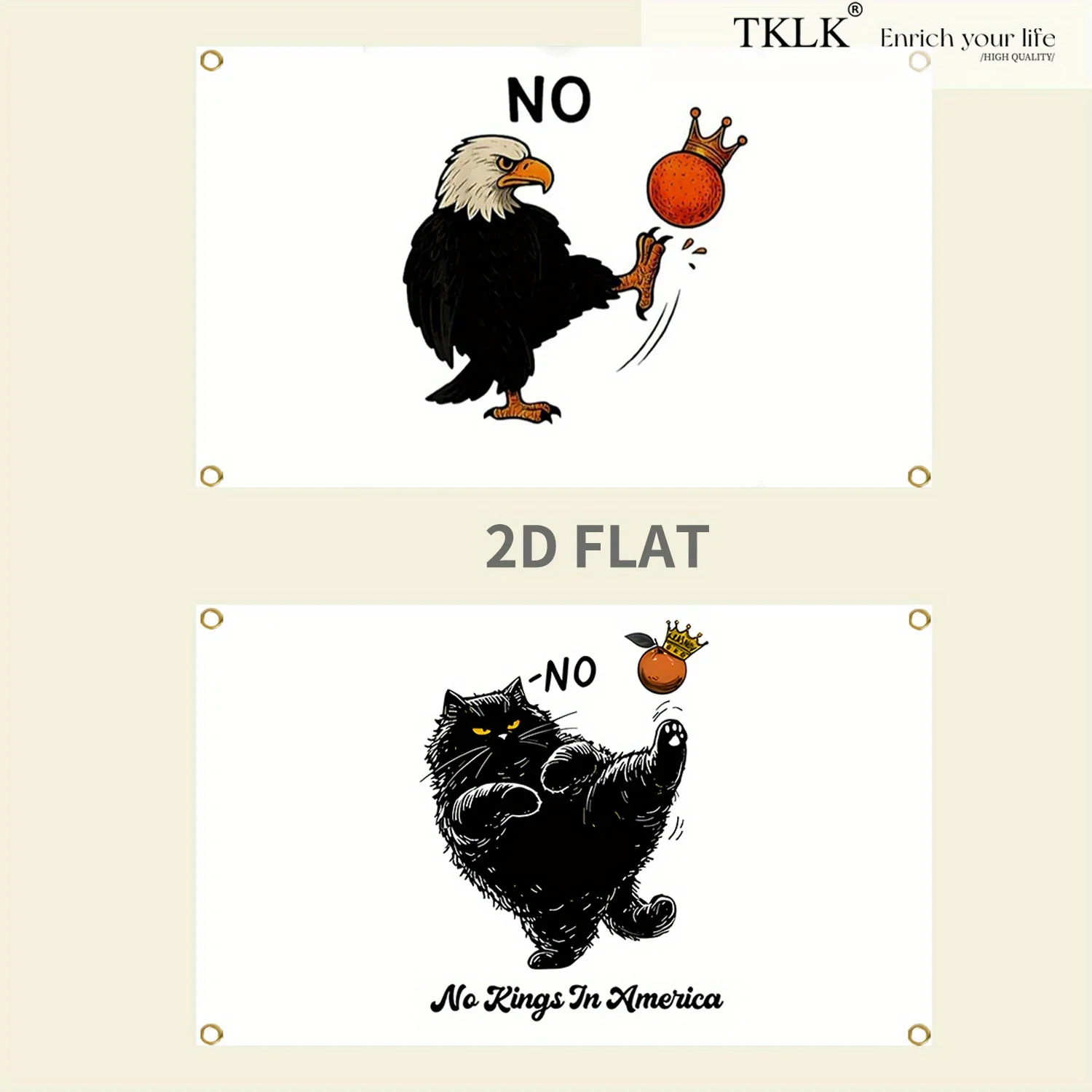 

1pc No King In America Banner, Funny Black Cat/Eagle kicks the ball away Design Flag, Polyester Fabric Flag with 4 Grommets