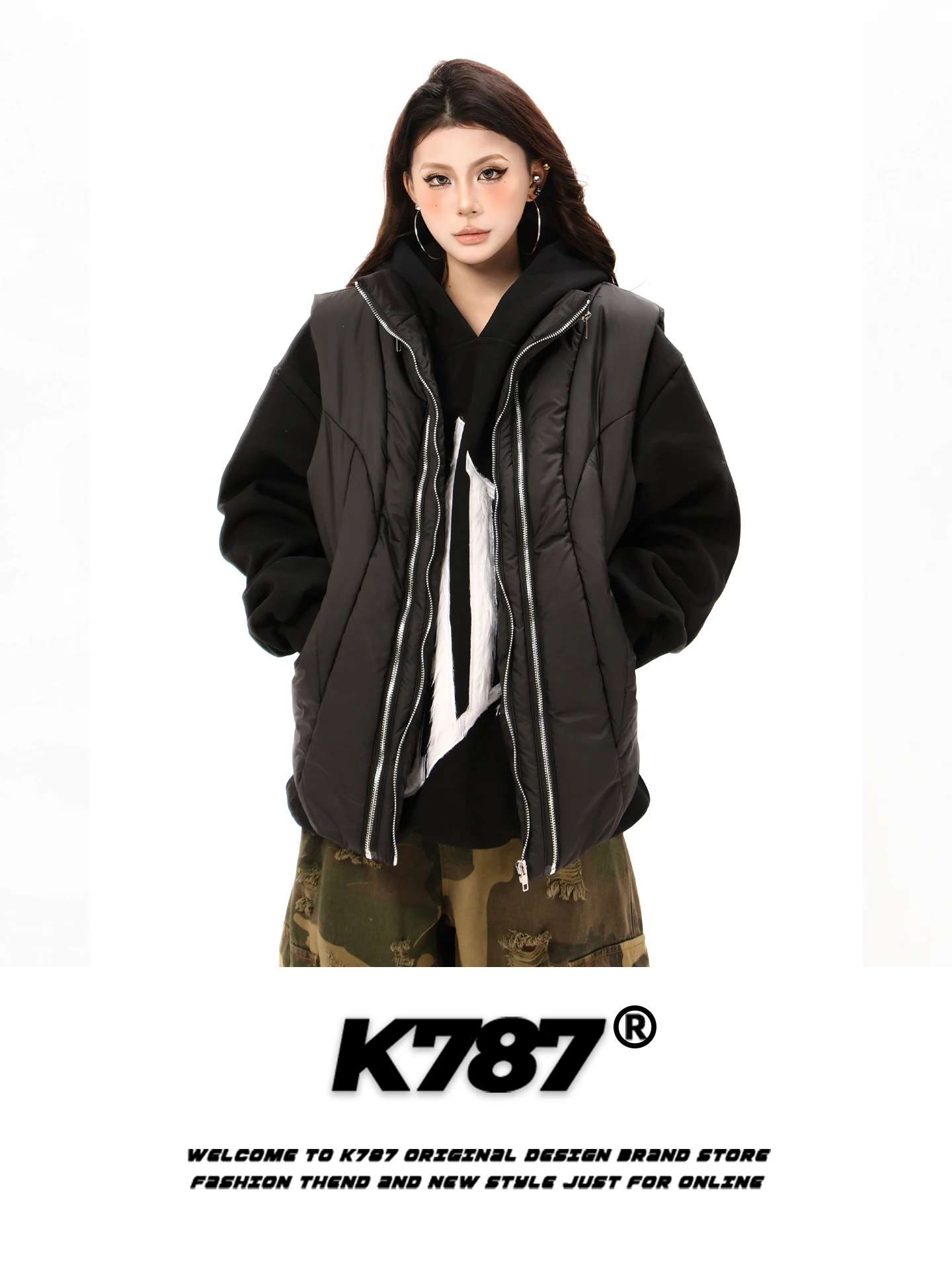 

K787 American Retro Thiened Cotton Vest Jaet Stand Collar Men's Women's Layered Warm Pred Folded Cotton Coat Vest