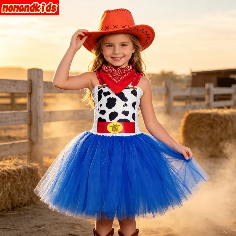 Western Cowgirl Themed Fluffy Tulle Ball Gown Kids Inspired Cosplay Dress Girls Halloween Carnival Birthday Stage Party Outfit