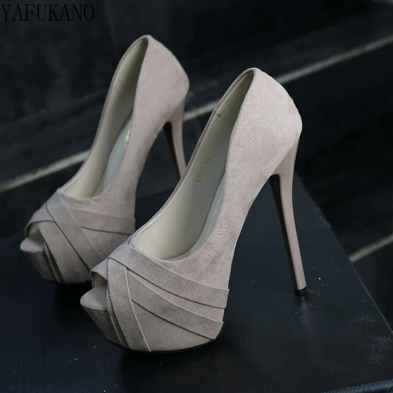 14cm Nude Color Flock Thin Heels High Heels Shoes Sexy Platform Ladies Small Fresh Pumps Career Single Shoes Small Size 32 33