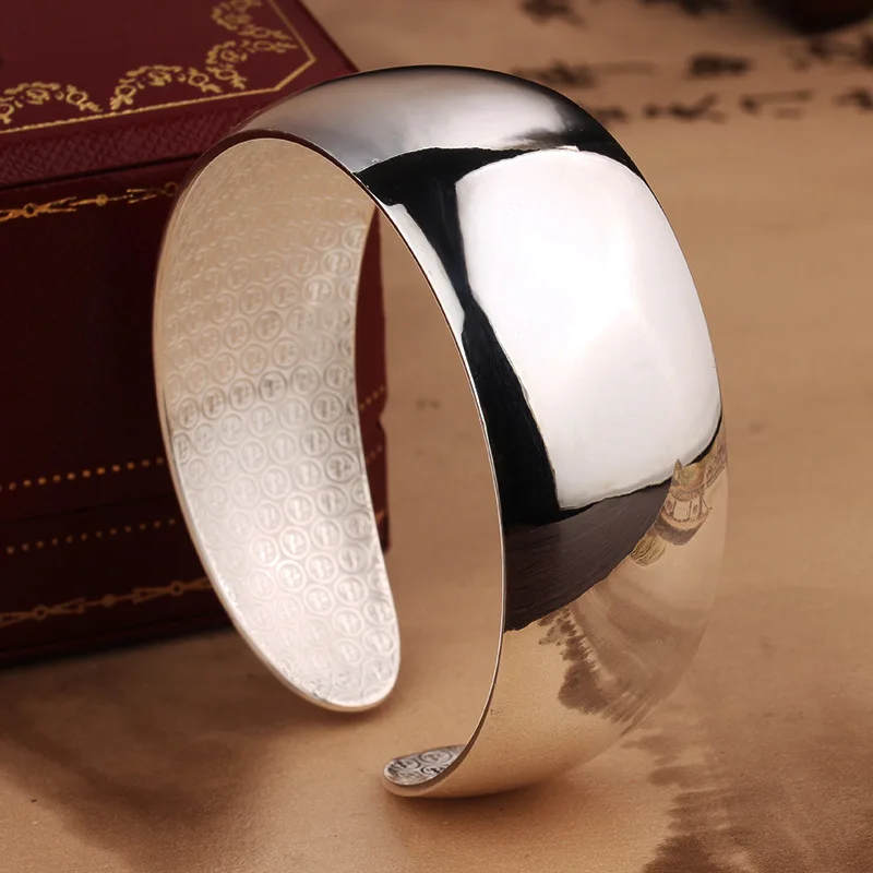 Simple Glossy Talisman 925 Silver Bracelet Women's Ethnic Style Fashion Wide Bracelet Open Stacked Jewelry