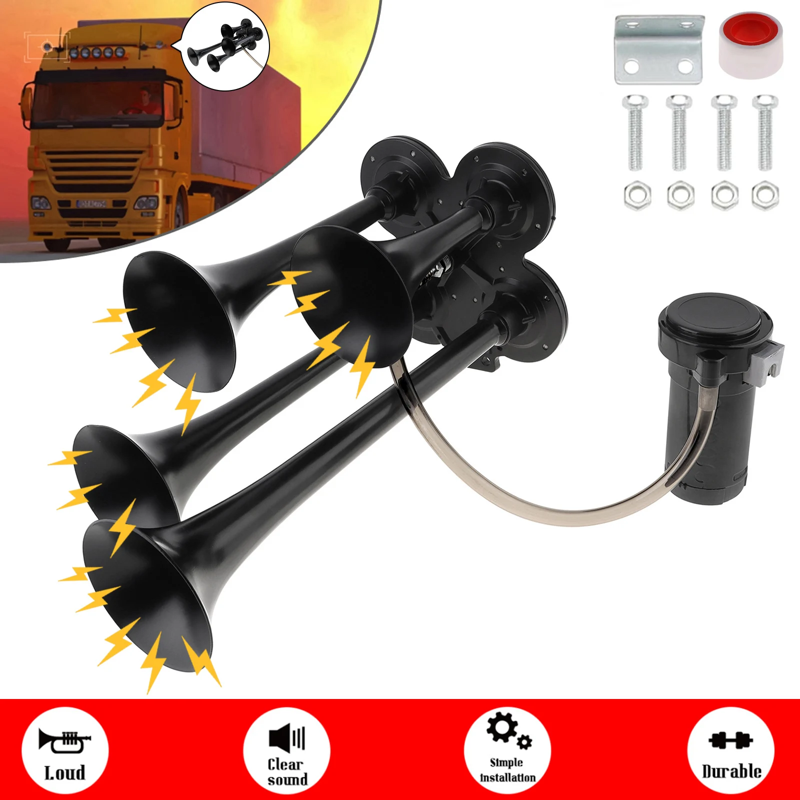 

12 В 185 дБ Супер громкий четырехтрубный воздушный звуковой сигнал, подходящий для грузовых автомобилей с компрессором, черный/серебристый музыкальный звуковой воздушный звуковой сигнал