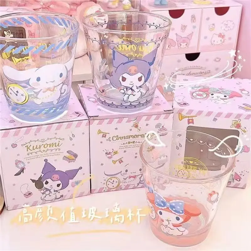 

Anime Sanrio Kawaii Cute Glass Cup Kuromi Mymelody Cinnamoroll Cartoon Thickened Heat-Resistant Water Cup Coffee Cup Girls Gifts