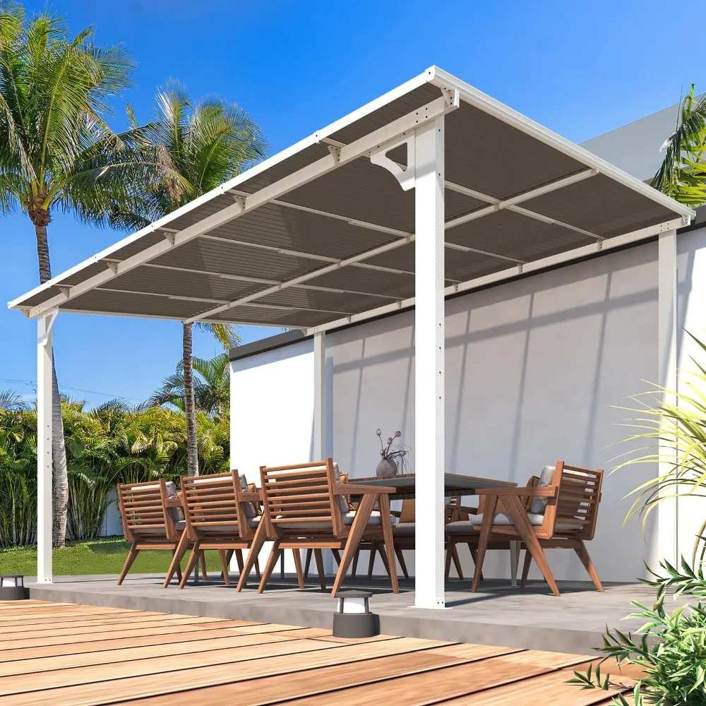 

12' X 10' Outdoor Gazebo Pergola for Patio, White Large Wall-Mounted Hardtop 10x12 Lean To Metal Gazebo Shelter