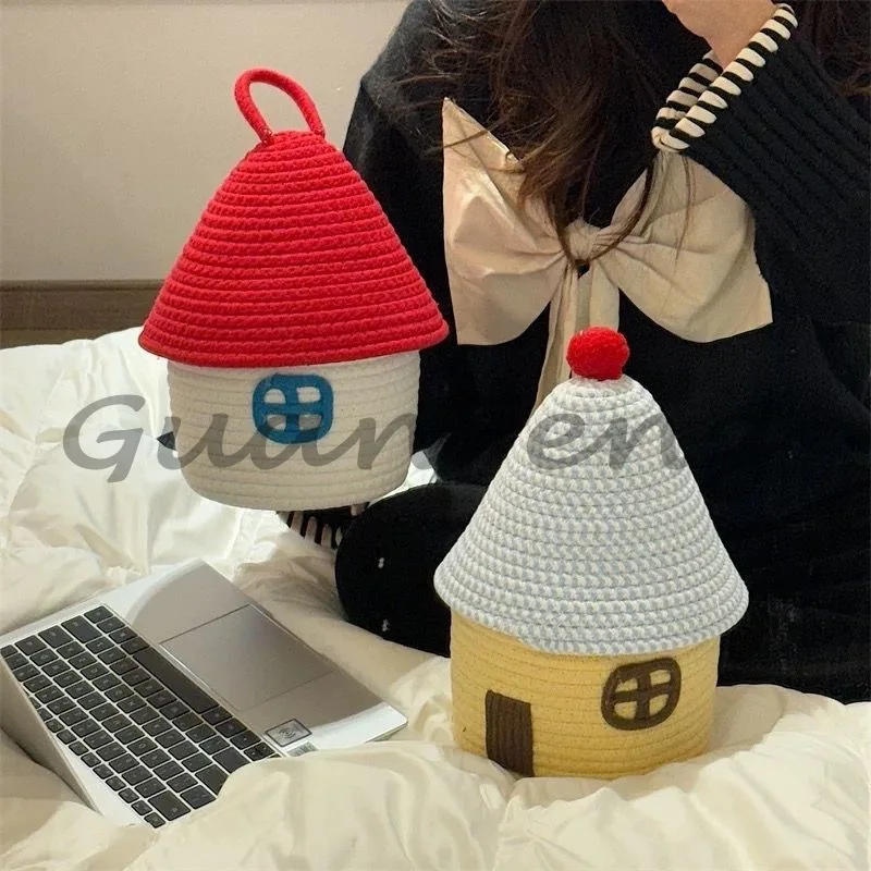 Cute Cartoon Fabric Storage Basket Large Capacity Woven Basket with Lid House Shaped Home Organization Tool Desktop Decor