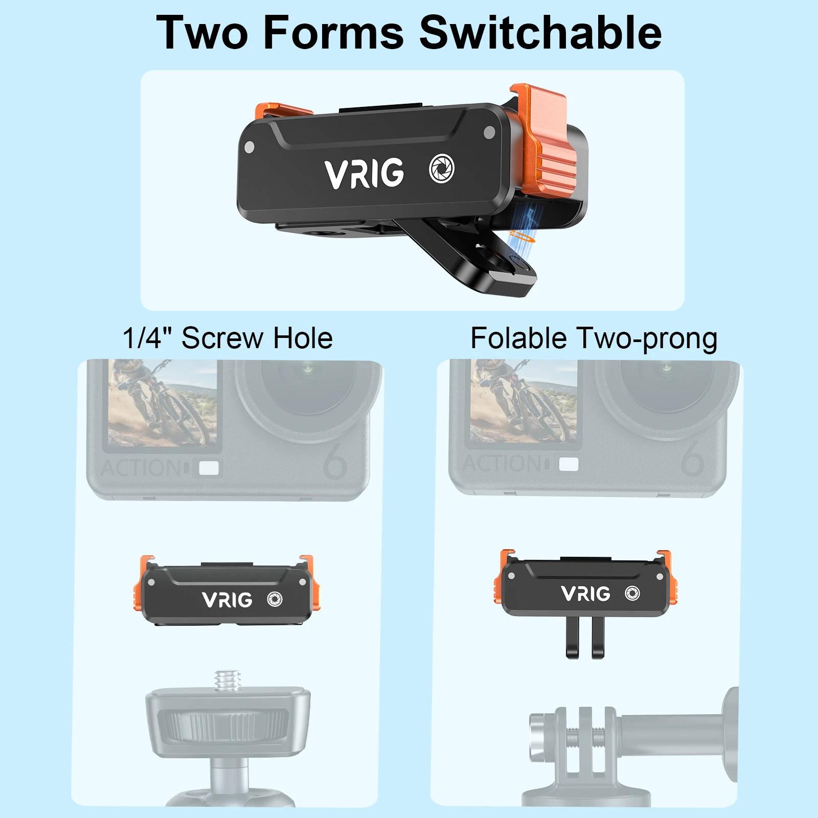 VRIG AC-65 Magnetic Quick Release Adapter Mount for DJI Osmo Action 6 Nano 1/4 Threaded Hole Foldable Base Anti-Slip