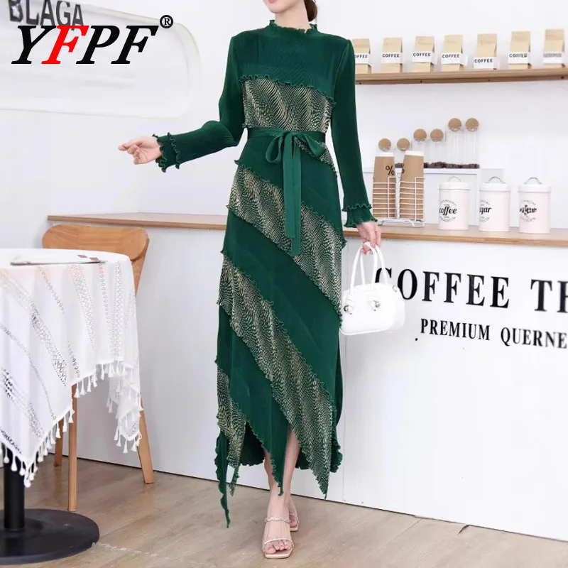 

YFPF 2025 Women Pleated Dress For Women Tassel Contrast Color Patchwork Design Belt Long Dresses Elegant Clothing Fashion 3A357