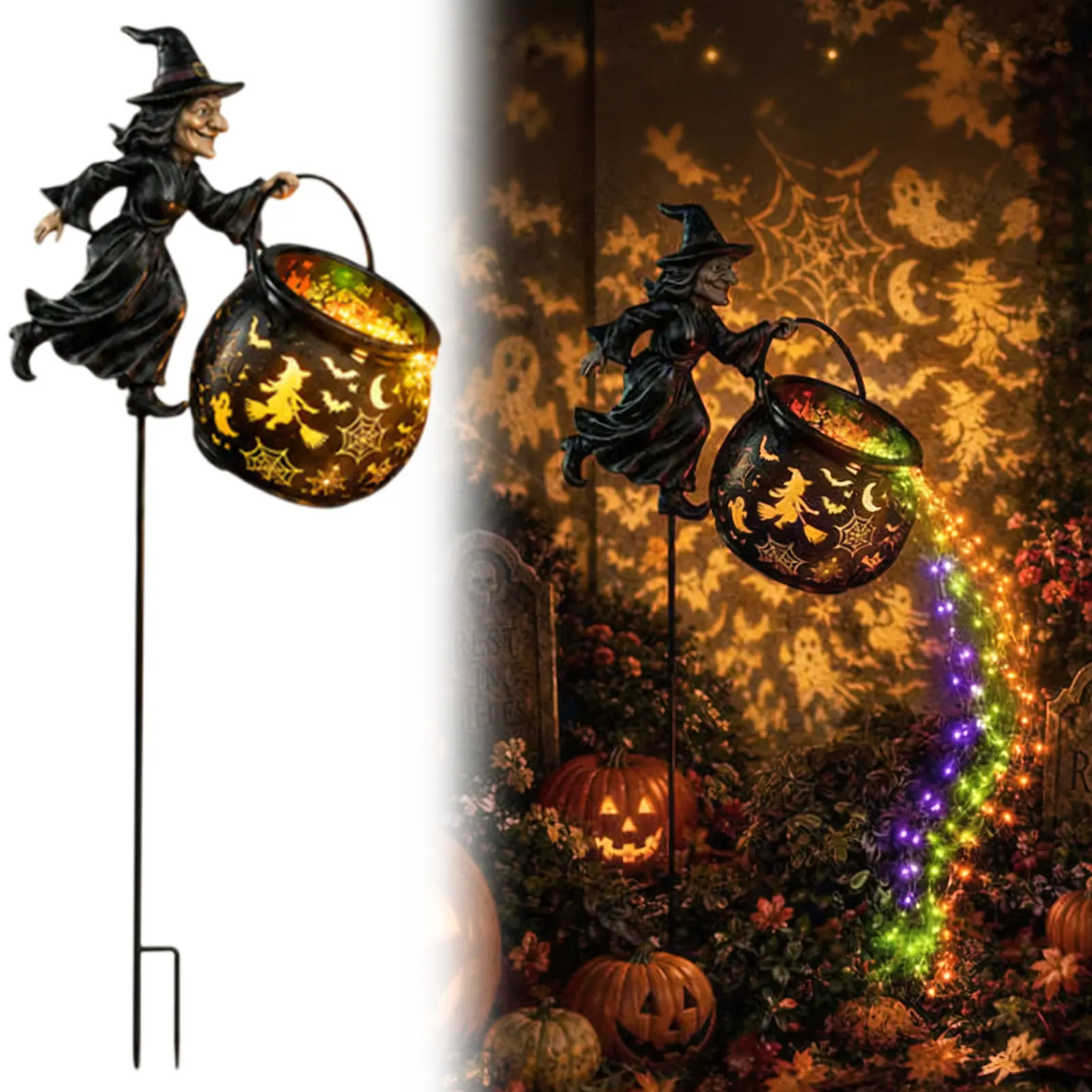 Halloween Witch Cauldron Garden Light Watering Witch Stake Lights Halloween Light Decor for Garden Patios Porch Party Decoration