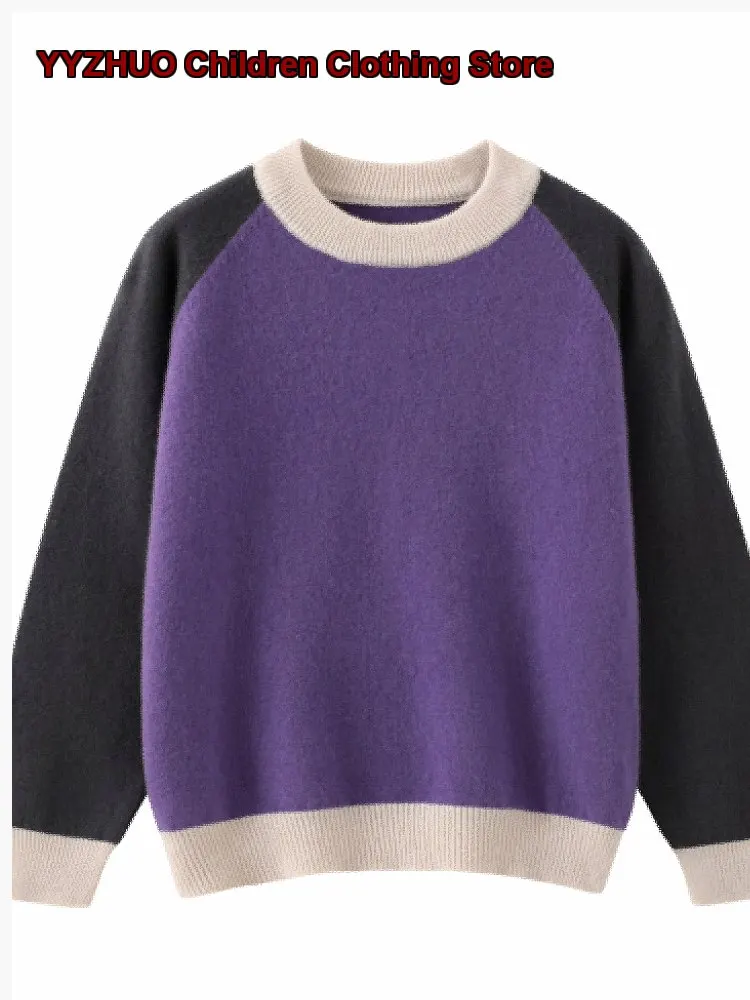 Boys Girls Solid Color Knit Sweater Kids Autumn Winter Raglan Sleeves Thickened Warm Stylish Outerwear Round Neck
