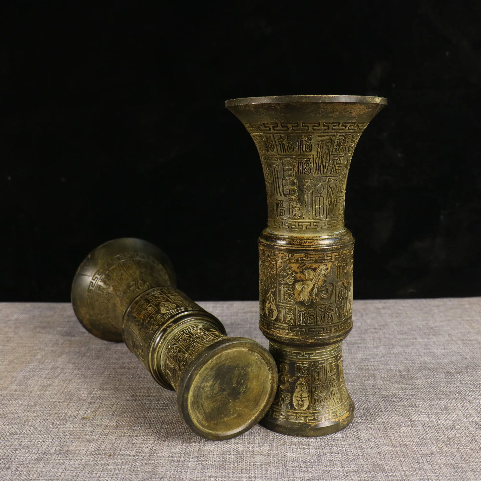 Vintage Copper Hundred Fu Incense Tube Pair Antique Craft Home Living Room Buddha Hall Zen Feng Shui Decor