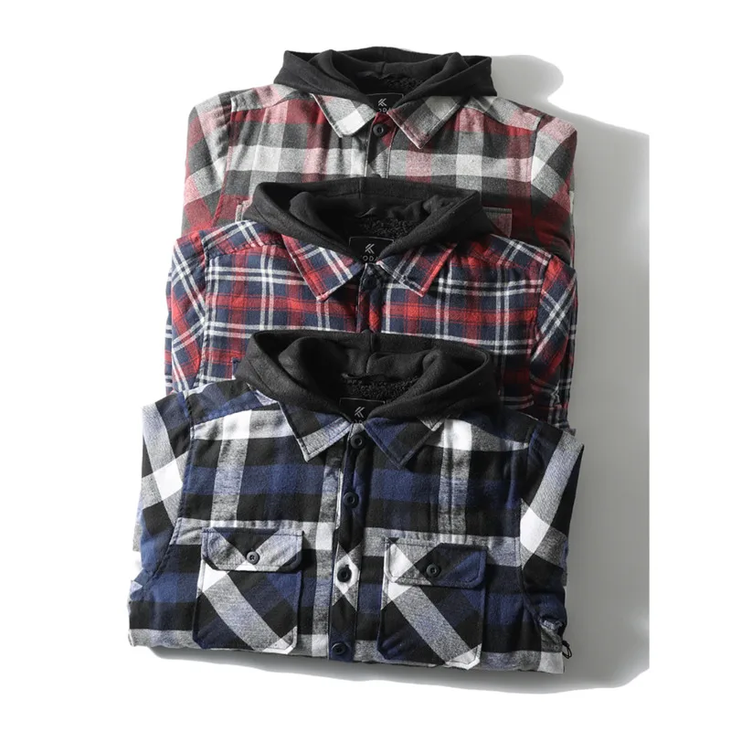 Winter Men\'s Plaid Thick Fleece Hooded Shirts Jacket Autumn Outwear Flannel Quilted Lined Checkered Shirt Man Camisas De Hombre