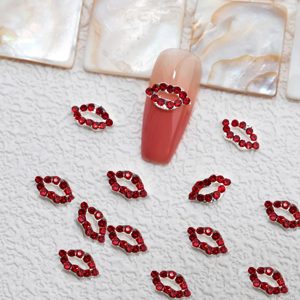 Christmas Red Mini Diamond Lips Nail Art Charm 3D Full Crystal Alloy Nail Decoration DIY Luxury Romantic Lip Manicure Rhinestone