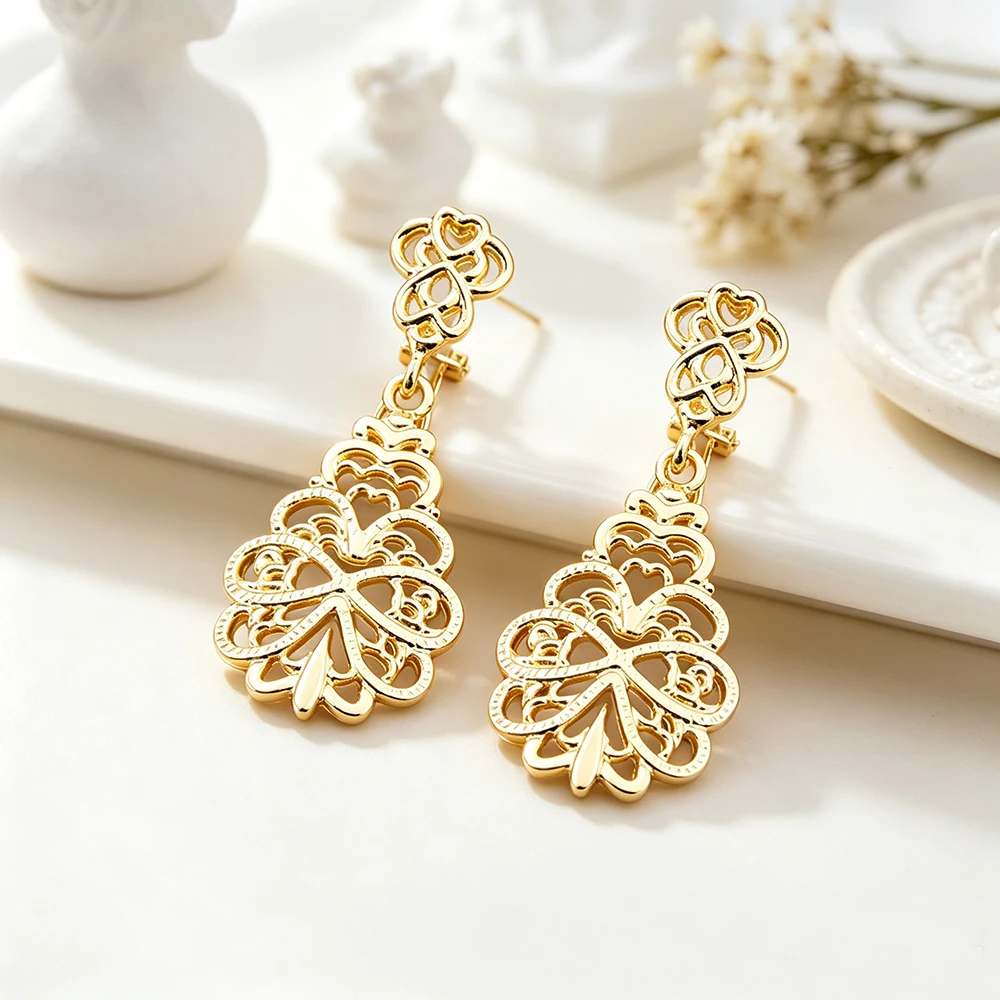 Sunspicems Gold Color Filigree Drop Earrings Arabic Hollow-out Dangle Earrings Algeria Bridal Wedding Jewelry