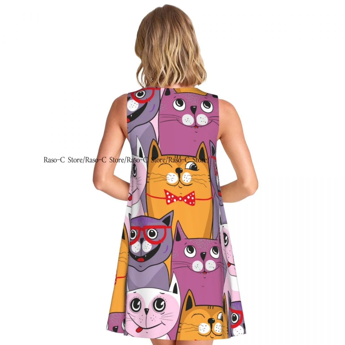 レディースドレスカラフルかわいい猫夏カジュアルTシャツビーチカバーアップタンクドレス